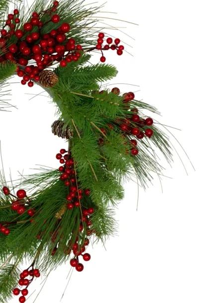 24-Inch Mixed Pine and Red Berry Artificial Christmas Wreath - Unlit