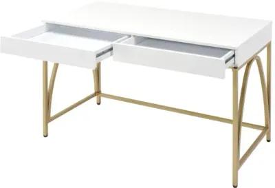 Lightmane Vanity Desk In White High Gloss & Gold Finish