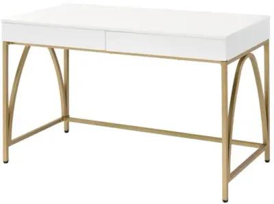 Lightmane Vanity Desk In White High Gloss & Gold Finish