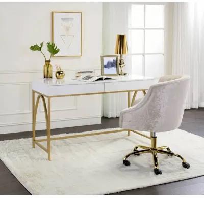 Lightmane Vanity Desk In White High Gloss & Gold Finish