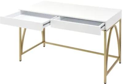 Lightmane Vanity Desk In White High Gloss & Gold Finish