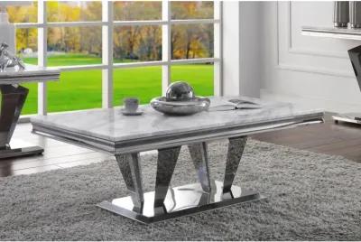 Satinka Coffee Table, Light Gray Printed Faux Marble & Mirrored Silver Finish