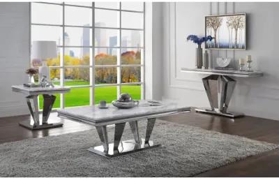 Satinka Coffee Table, Light Gray Printed Faux Marble & Mirrored Silver Finish