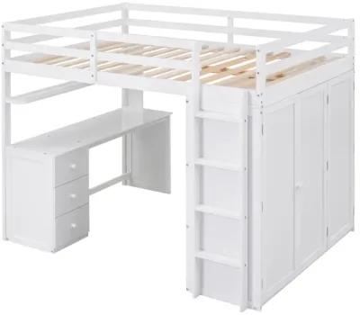 Full Size Loft Bed With Drawers, Desk, And Wardrobe-White