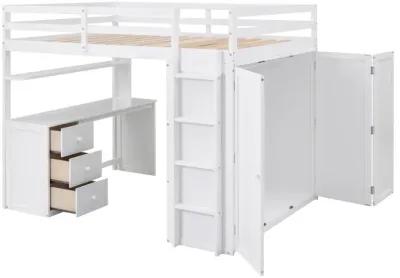 Full Size Loft Bed With Drawers, Desk, And Wardrobe-White