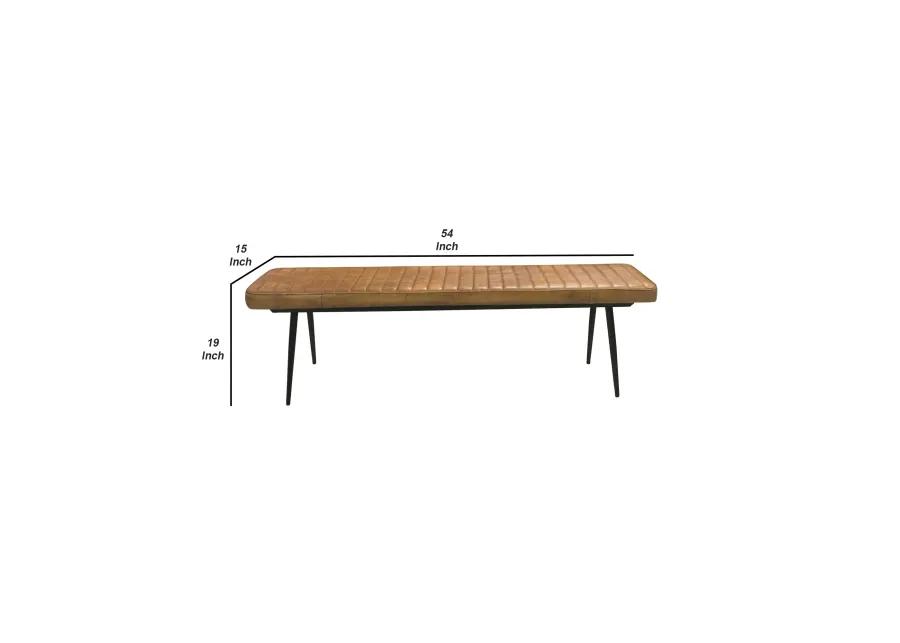 Bench with Tufted Leatherette Seat and Metal Legs, Brown-Benzara