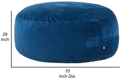 Olio 70 Inch Bean Bag, Round, Foam Filling, Velvet Upholstery, Navy Blue - Benzara