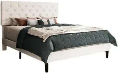 Hivvago Queen White Faux Leather Upholstered Platform Bed with Button Tufted Headboard