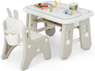 Kids Table and Chair Set with Flip-Top Bookshelf-Grey