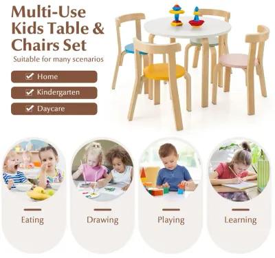 5-Piece Kids Wooden Curved Back Activity Table and Chair Set with Toy Bricks