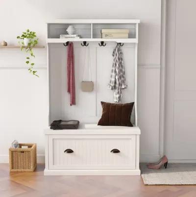 Entryway Hall Tree With Coat Rack 4 Hooks And Storage Bench Shoe Cabinet White