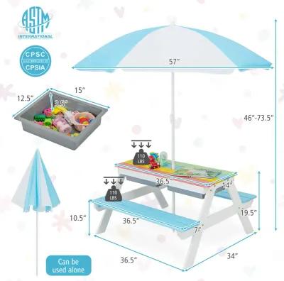 3-in-1 Kids Outdoor Picnic Water Sand Table with Umbrella Play Boxes in Blue