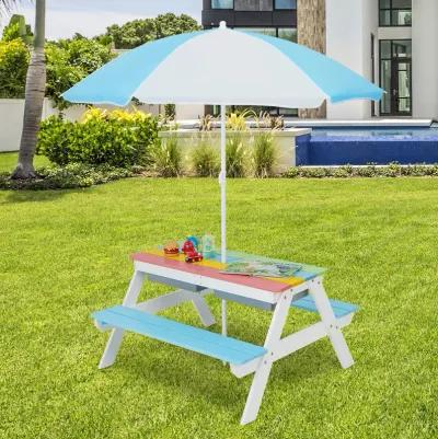 3-in-1 Kids Outdoor Picnic Water Sand Table with Umbrella Play Boxes in Blue