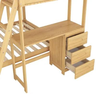 Twin Over Full Bunk Bed With Built-In Desk And Three Drawers