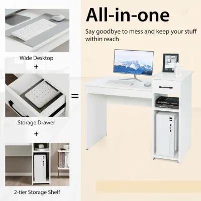 Costway Home Office Computer Desk White Study Desk Laptop Table with Drawer & Storage Shelf