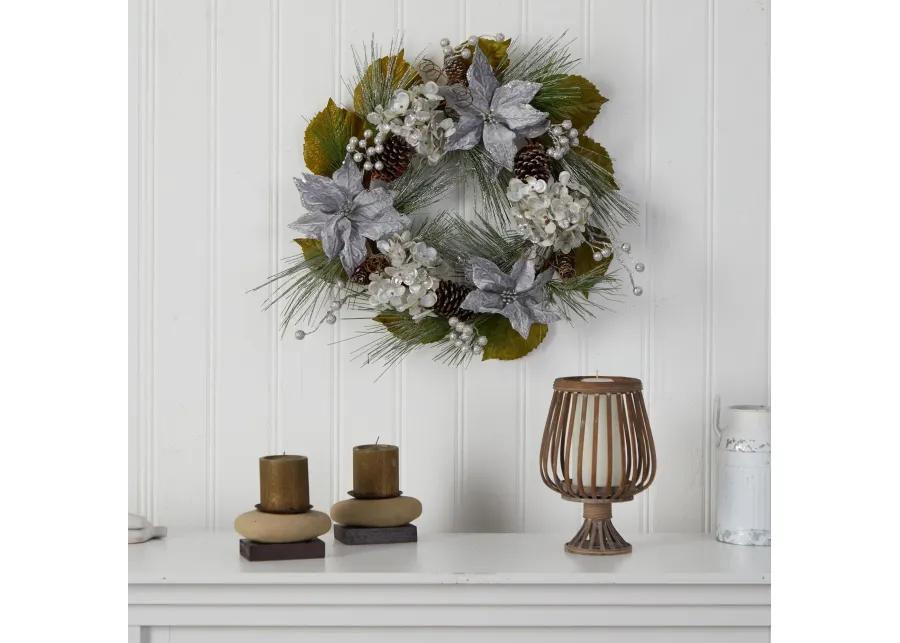 HomPlanti 24" Silver Poinsettia, Hydrangea and Pinecones Artificial Christmas Wreath