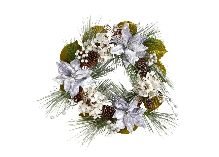 HomPlanti 24" Silver Poinsettia, Hydrangea and Pinecones Artificial Christmas Wreath