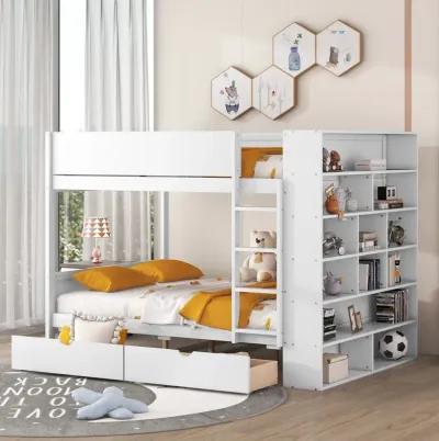 Full Over Full Bunk Bed With 2 Drawers And Multilayer Cabinet, White