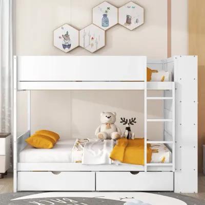 Full Over Full Bunk Bed With 2 Drawers And Multilayer Cabinet, White