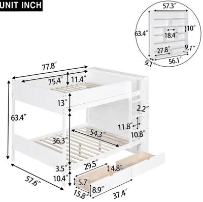 Full Over Full Bunk Bed With 2 Drawers And Multilayer Cabinet, White