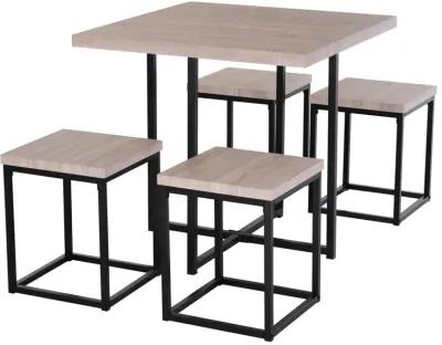 Farmhouse 5 Piece Square Natural Wood Steel Kitchen Dining Set