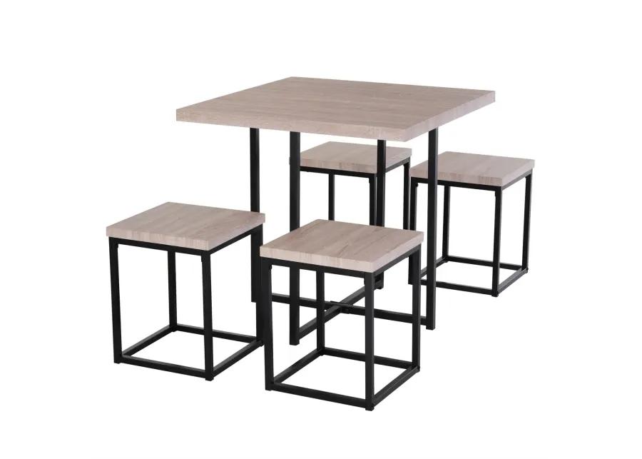 Farmhouse 5 Piece Square Natural Wood Steel Kitchen Dining Set