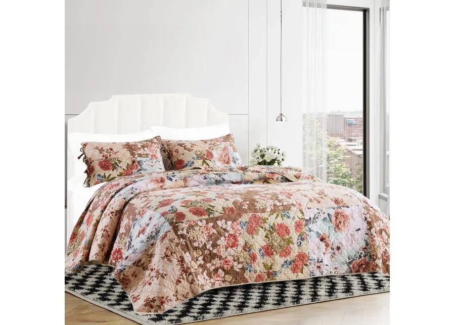 Rome 3 Piece Microfiber Reversible Floral Print Queen Quilt Set, Multicolor - Benzara