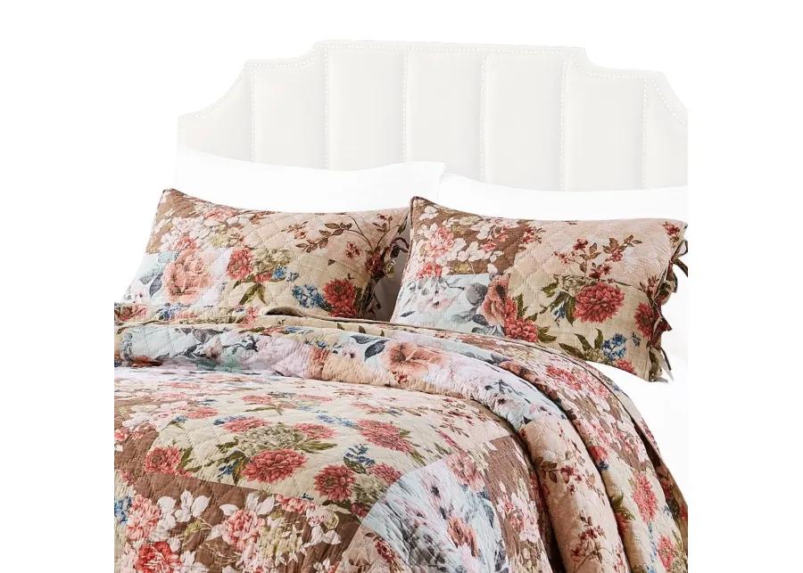 Rome 3 Piece Microfiber Reversible Floral Print Queen Quilt Set, Multicolor - Benzara