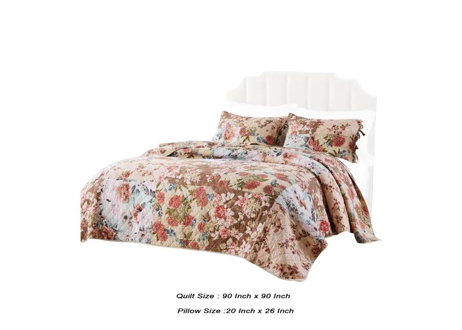 Rome 3 Piece Microfiber Reversible Floral Print Queen Quilt Set, Multicolor - Benzara