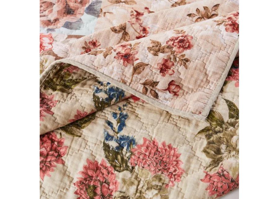 Rome 3 Piece Microfiber Reversible Floral Print Queen Quilt Set, Multicolor - Benzara