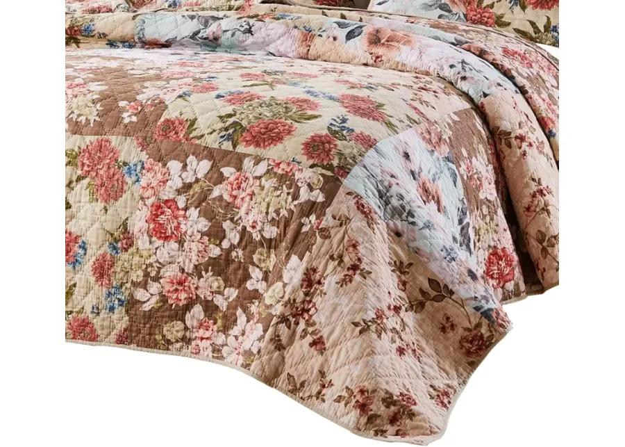 Rome 3 Piece Microfiber Reversible Floral Print Queen Quilt Set, Multicolor - Benzara