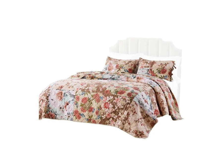 Rome 3 Piece Microfiber Reversible Floral Print Queen Quilt Set, Multicolor - Benzara