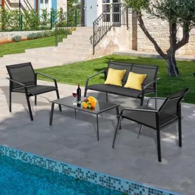 Hivvago 4 Pieces Patio Furniture Set with Armrest Loveseat Sofas and Glass Table Deck