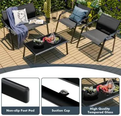 Hivvago 4 Pieces Patio Furniture Set with Armrest Loveseat Sofas and Glass Table Deck