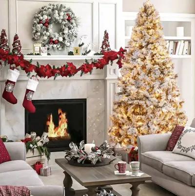 LuxenHome 7.2Ft Pre-Lit Snow-Flocked Full Artificial Christmas Tree with Metal Stand