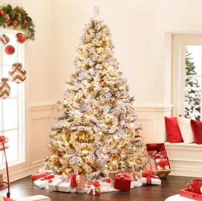 LuxenHome 7.2Ft Pre-Lit Snow-Flocked Full Artificial Christmas Tree with Metal Stand