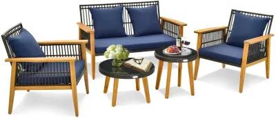 5 Piece Outdoor Conversation Set with 2 Coffee Tables for Backyard Poolside-Navy