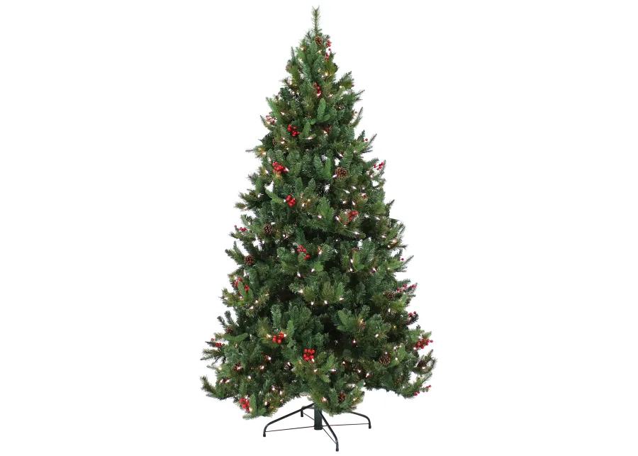 Sunnydaze Merry Berries Indoor/Outdoor Pre-Lit Faux Christmas Tree - 7 ft