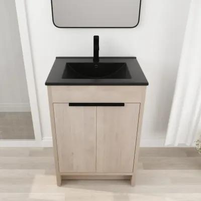 24" Freestanding Bathroom Vanity with Black Ceramic Sink & Soft-Close Doors