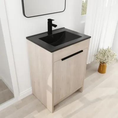 24" Freestanding Bathroom Vanity with Black Ceramic Sink & Soft-Close Doors