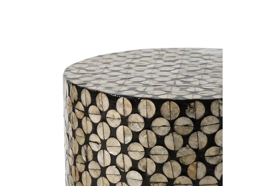 20 Inch Stool Table, Round Wood Design, Modern, Capiz Inlay, Black, White - Benzara