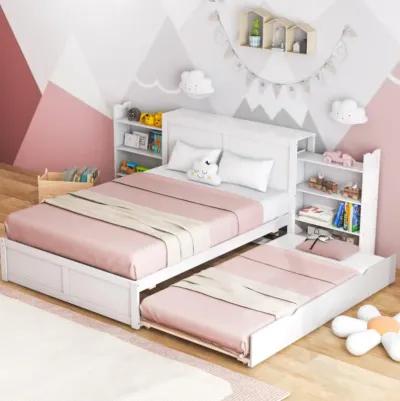 Hivvago Kids Wooden Platform Bed with Trundle Storage Headboard