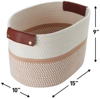 3 Pack Woven Cotton Rope Shelf Storage Basket with Leather Handles