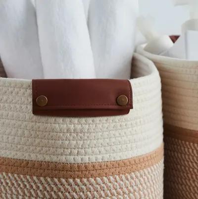 3 Pack Woven Cotton Rope Shelf Storage Basket with Leather Handles