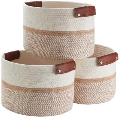 3 Pack Woven Cotton Rope Shelf Storage Basket with Leather Handles