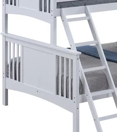 Ricky Twin Over Full Bunk Bed, Angled Ladder, Classic White Solid Hardwood