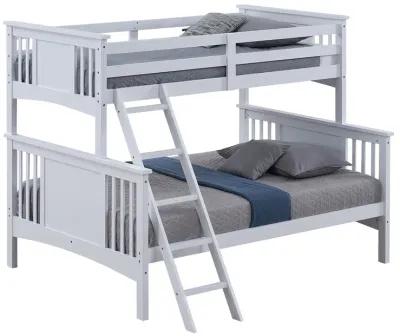 Ricky Twin Over Full Bunk Bed, Angled Ladder, Classic White Solid Hardwood