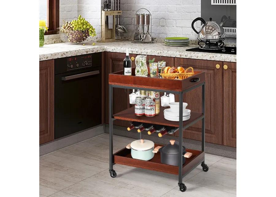 3 Tiers Kitchen Island Serving Bar Cart with Glasses Holder and Wine Bottle Rack