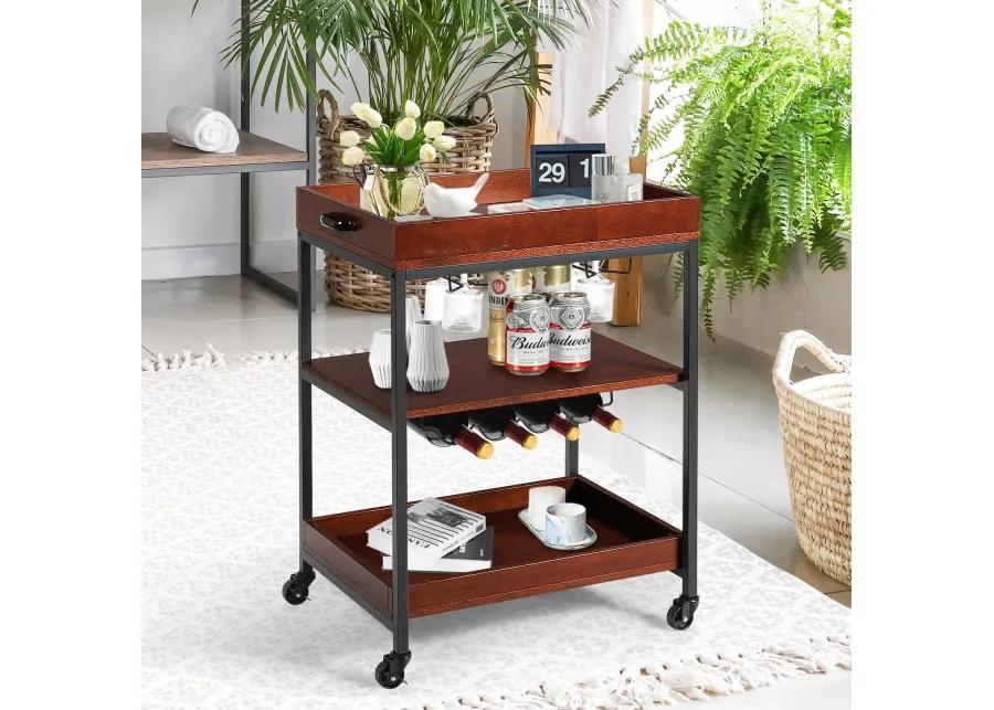 3 Tiers Kitchen Island Serving Bar Cart with Glasses Holder and Wine Bottle Rack