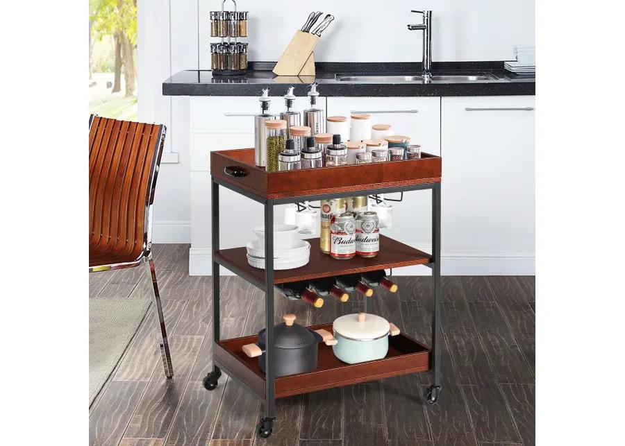 3 Tiers Kitchen Island Serving Bar Cart with Glasses Holder and Wine Bottle Rack